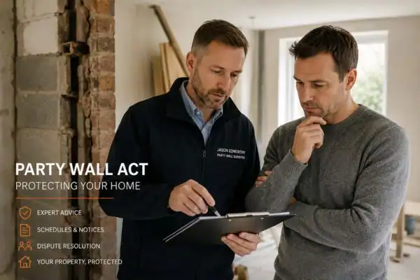 Party wall surveyor Hurstpierpoint discussing extension plans with homeowner outside a UK semi-detached house.